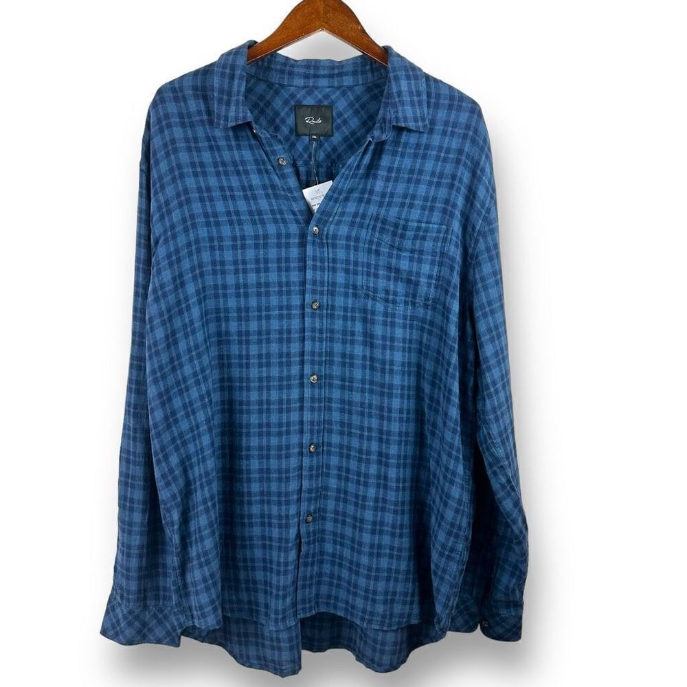 Rails Men's Size XXL Long Sleeve Button Down Blue Navy Plaid Linen Blend New